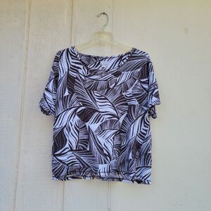 Chico's size 2  Brown/White VNeck Palm Leaf Linen Top Large Boxy Coastal